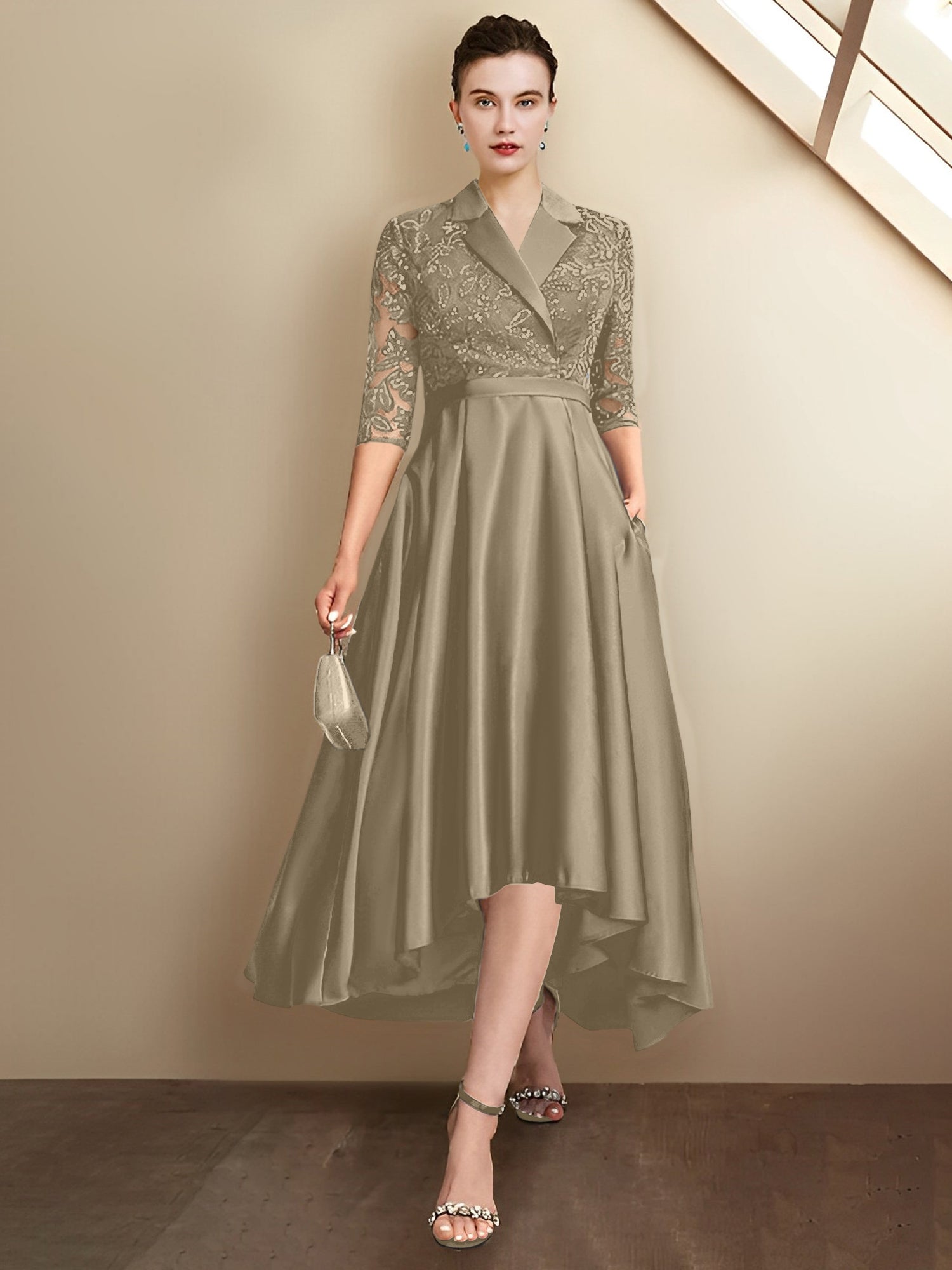 Column V-Neck Tea-Length Mother of the Bride Dresses