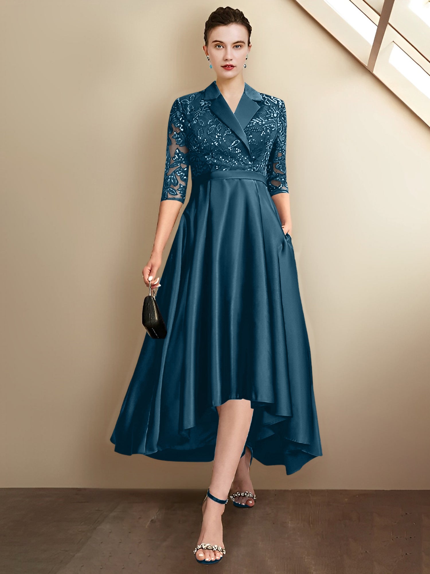 Column V-Neck Tea-Length Mother of the Bride Dresses