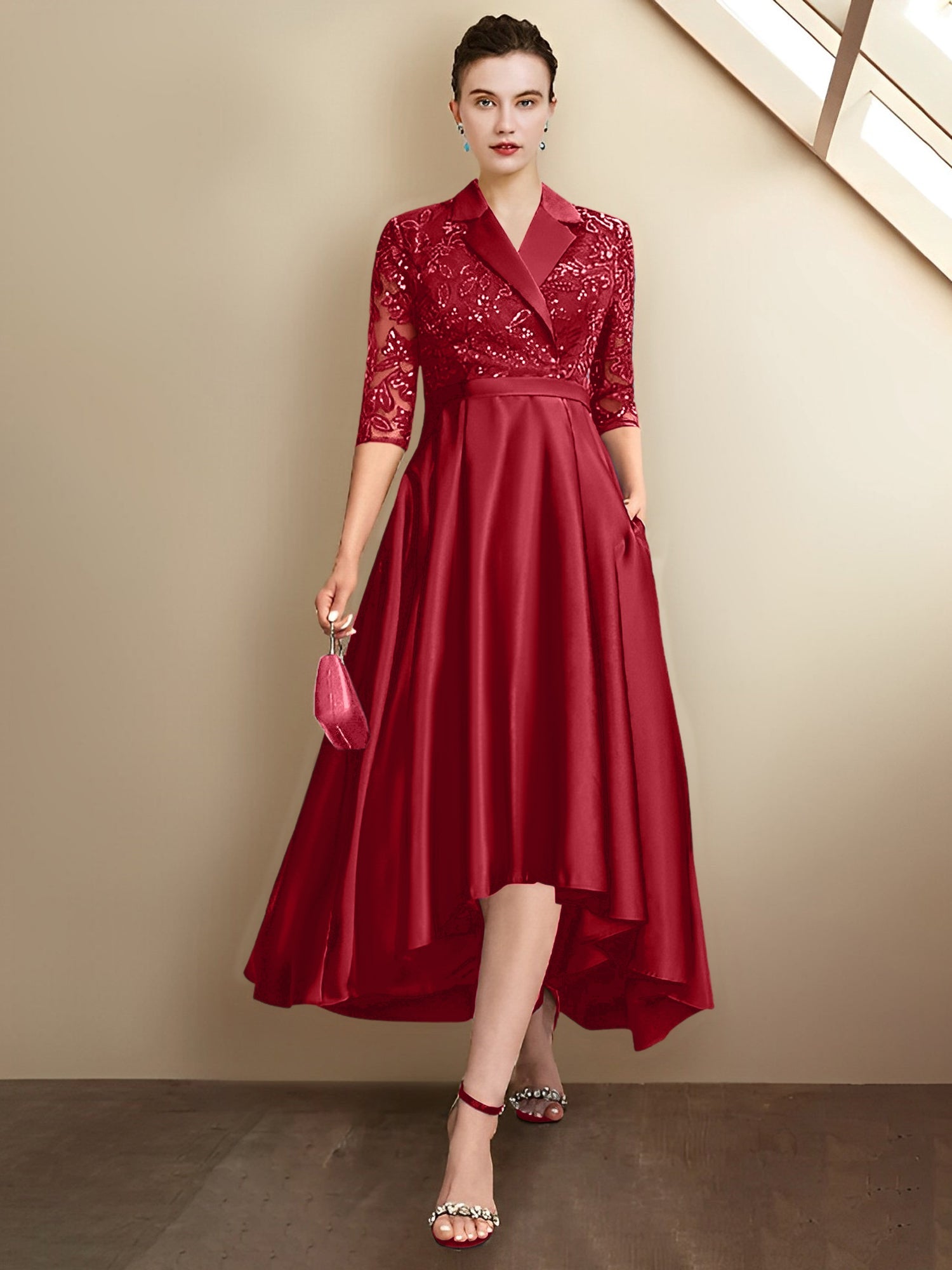 Column V-Neck Tea-Length Mother of the Bride Dresses