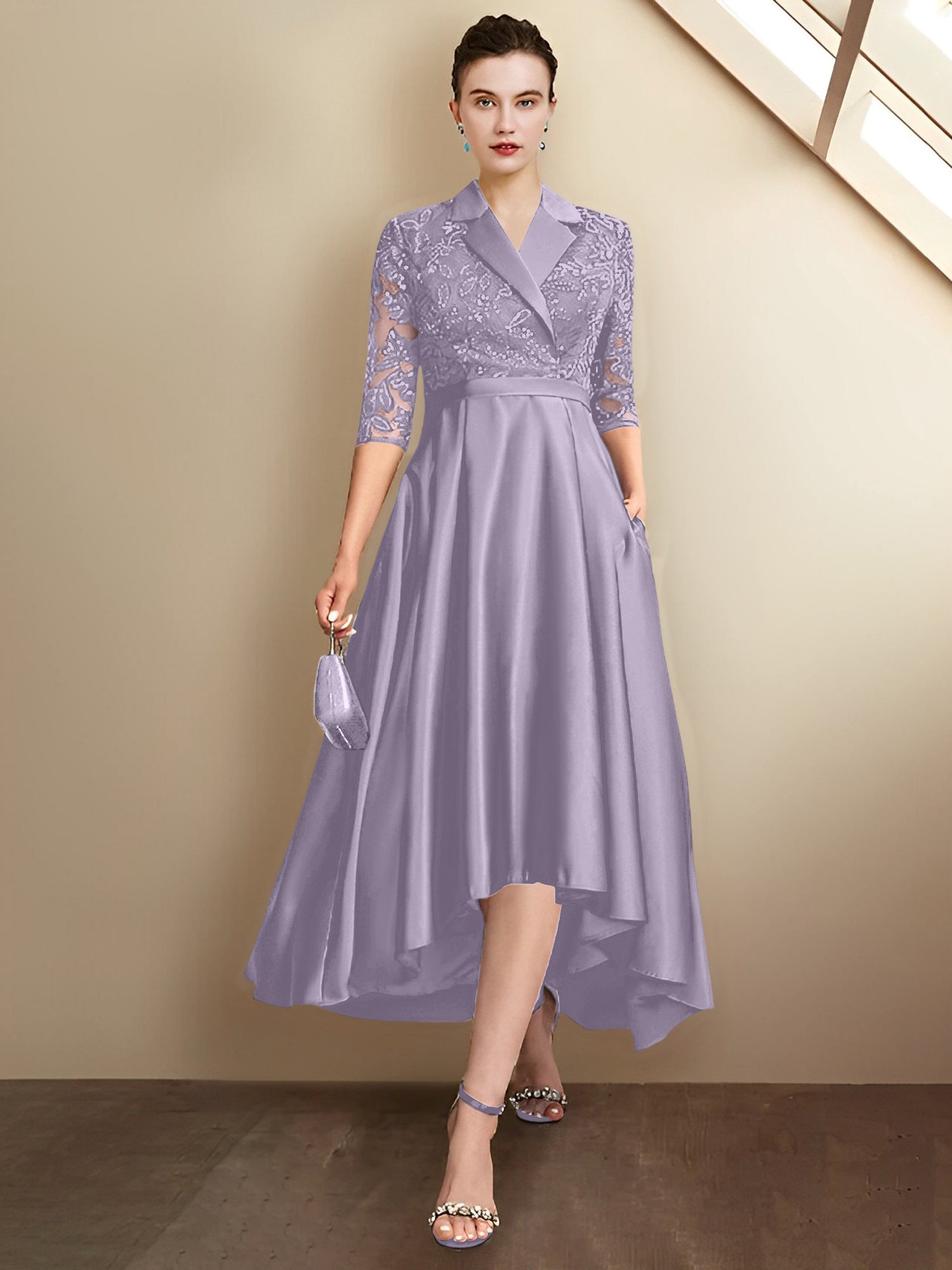 Column V-Neck Tea-Length Mother of the Bride Dresses