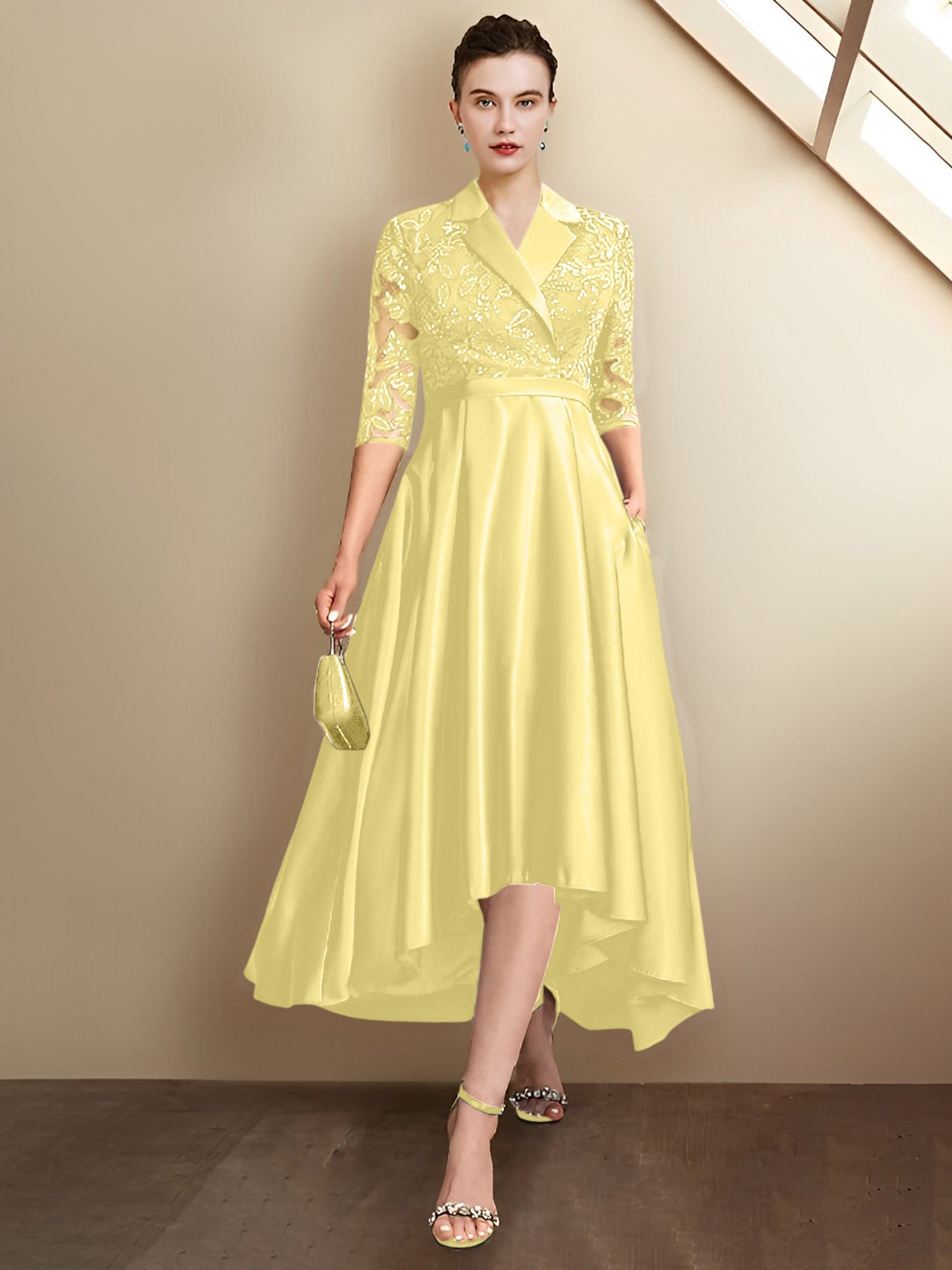 Column V-Neck Tea-Length Mother of the Bride Dresses
