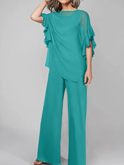Jumpsuits Scoop Half Sleeves Chiffon Mother Of The Bride Pantsuits