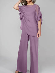 Jumpsuits Scoop Half Sleeves Chiffon Mother Of The Bride Pantsuits