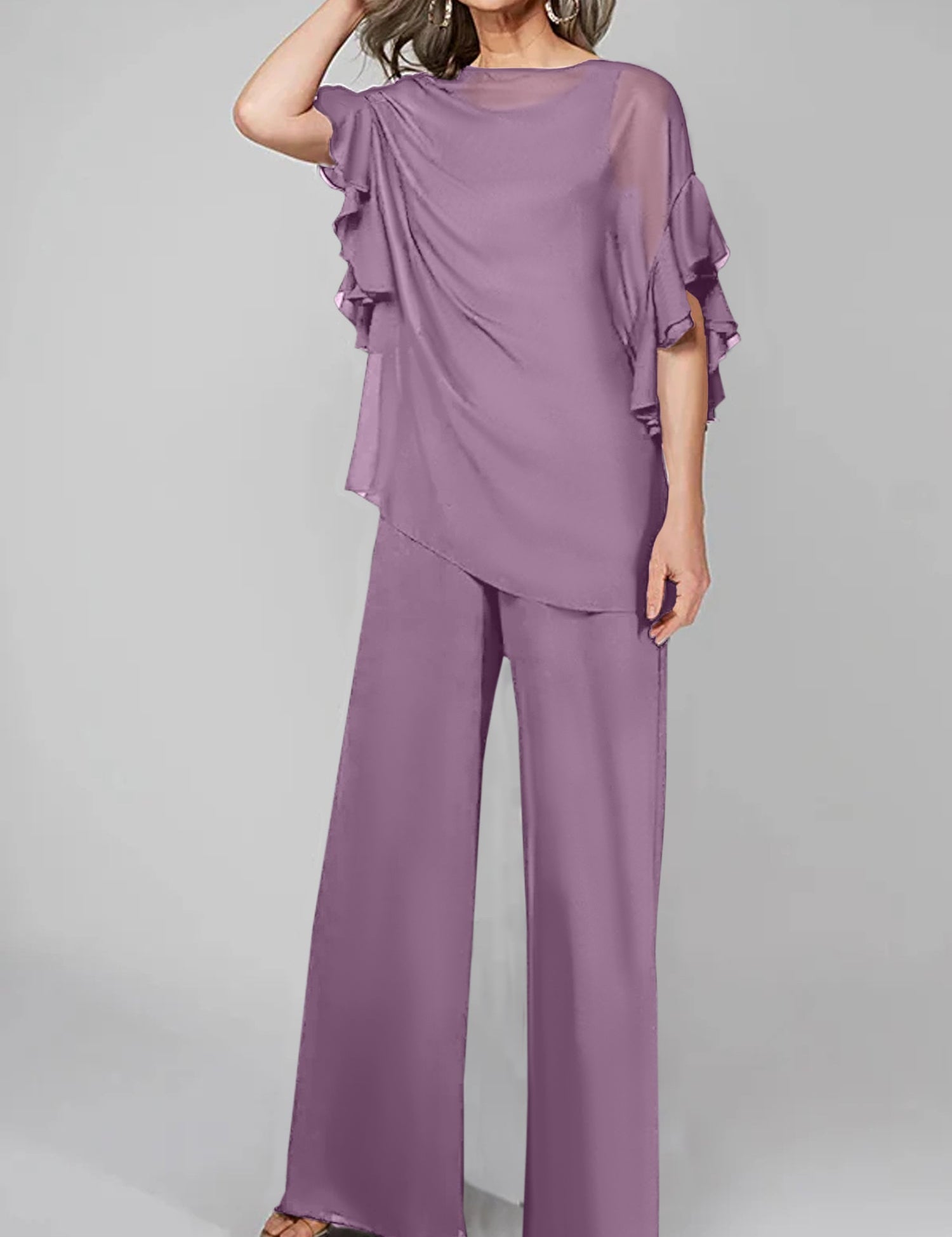 Jumpsuits Scoop Half Sleeves Chiffon Mother Of The Bride Pantsuits
