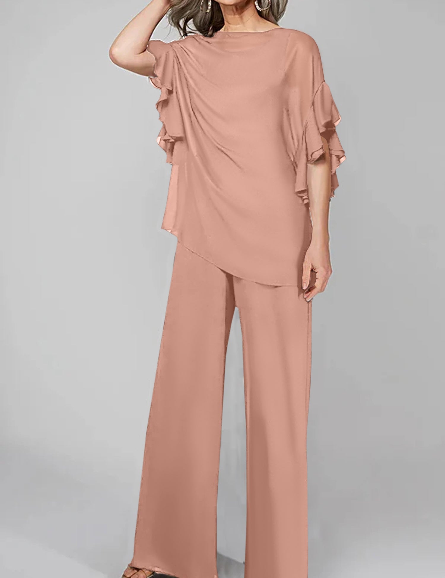 Jumpsuits Scoop Half Sleeves Chiffon Mother Of The Bride Pantsuits