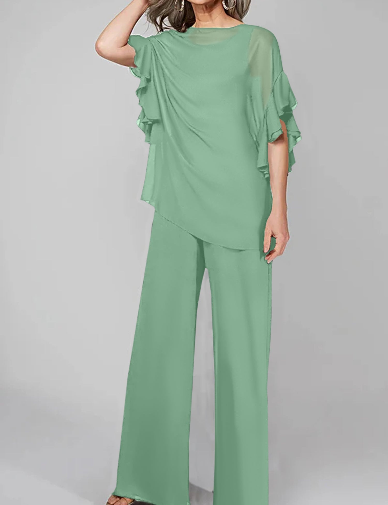 Jumpsuits Scoop Half Sleeves Chiffon Mother Of The Bride Pantsuits