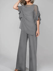 Jumpsuits Scoop Half Sleeves Chiffon Mother Of The Bride Pantsuits