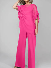 Jumpsuits Scoop Half Sleeves Chiffon Mother Of The Bride Pantsuits