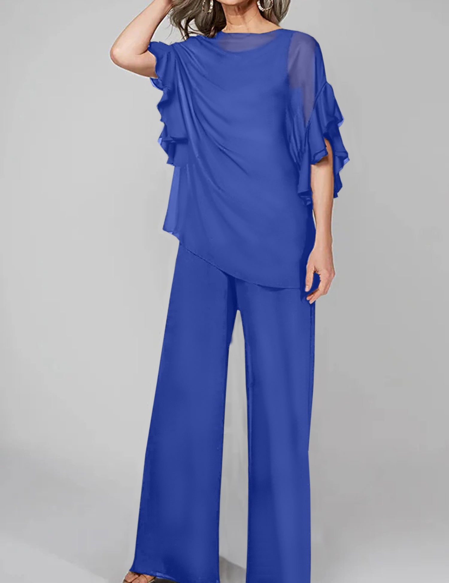 Jumpsuits Scoop Half Sleeves Chiffon Mother Of The Bride Pantsuits
