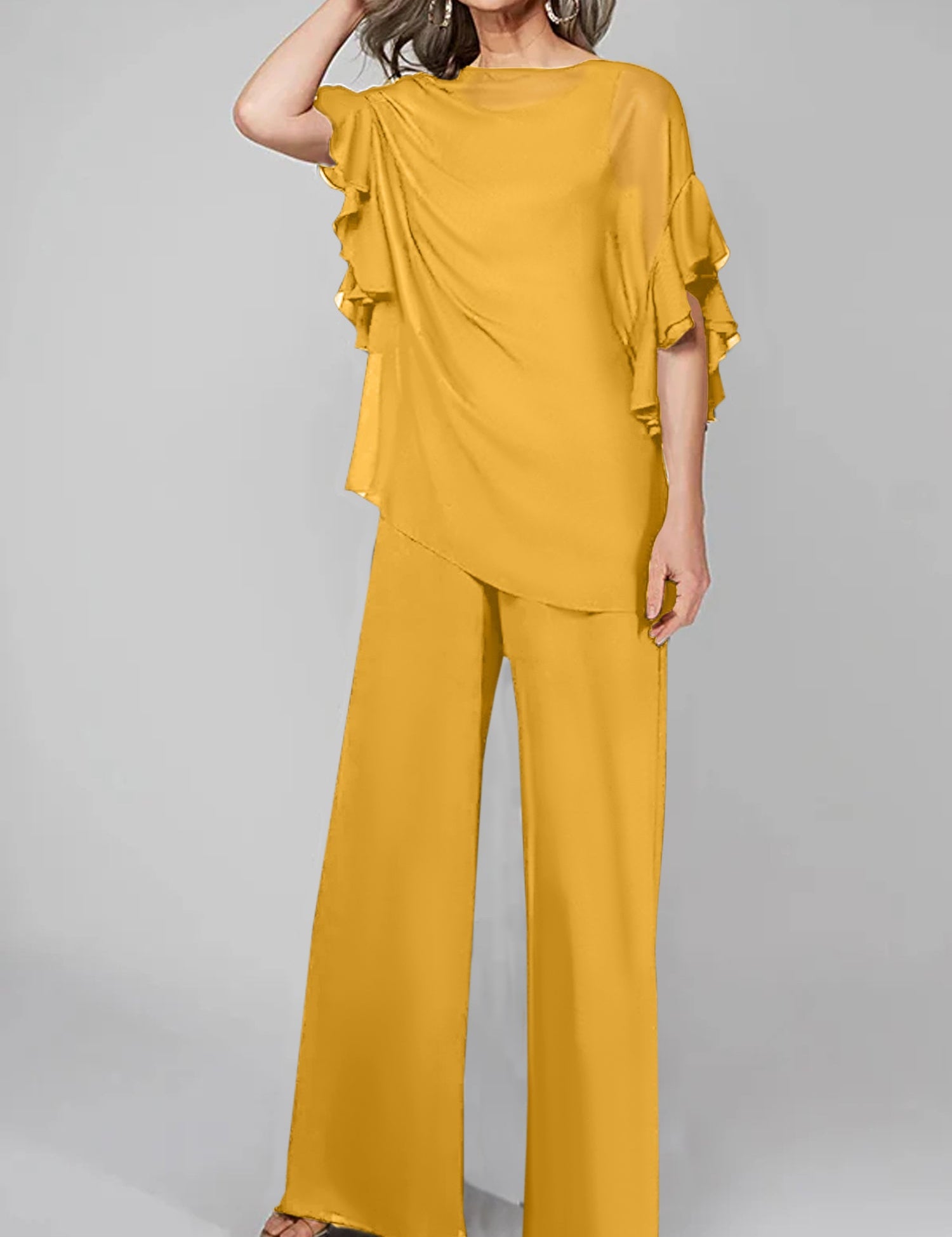 Jumpsuits Scoop Half Sleeves Chiffon Mother Of The Bride Pantsuits
