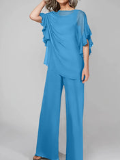 Jumpsuits Scoop Half Sleeves Chiffon Mother Of The Bride Pantsuits