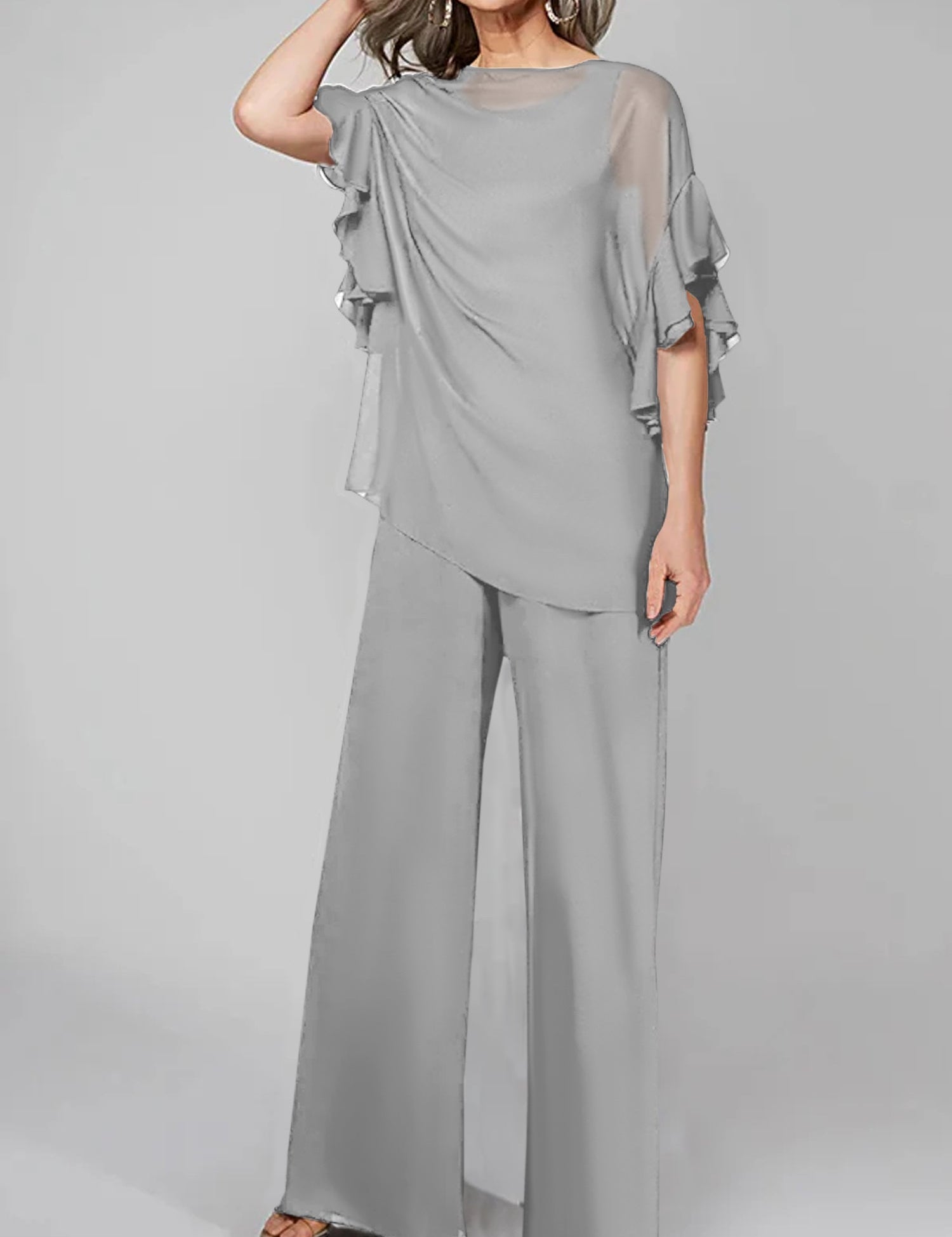 Jumpsuits Scoop Half Sleeves Chiffon Mother Of The Bride Pantsuits