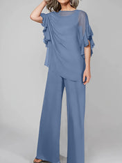 Jumpsuits Scoop Half Sleeves Chiffon Mother Of The Bride Pantsuits