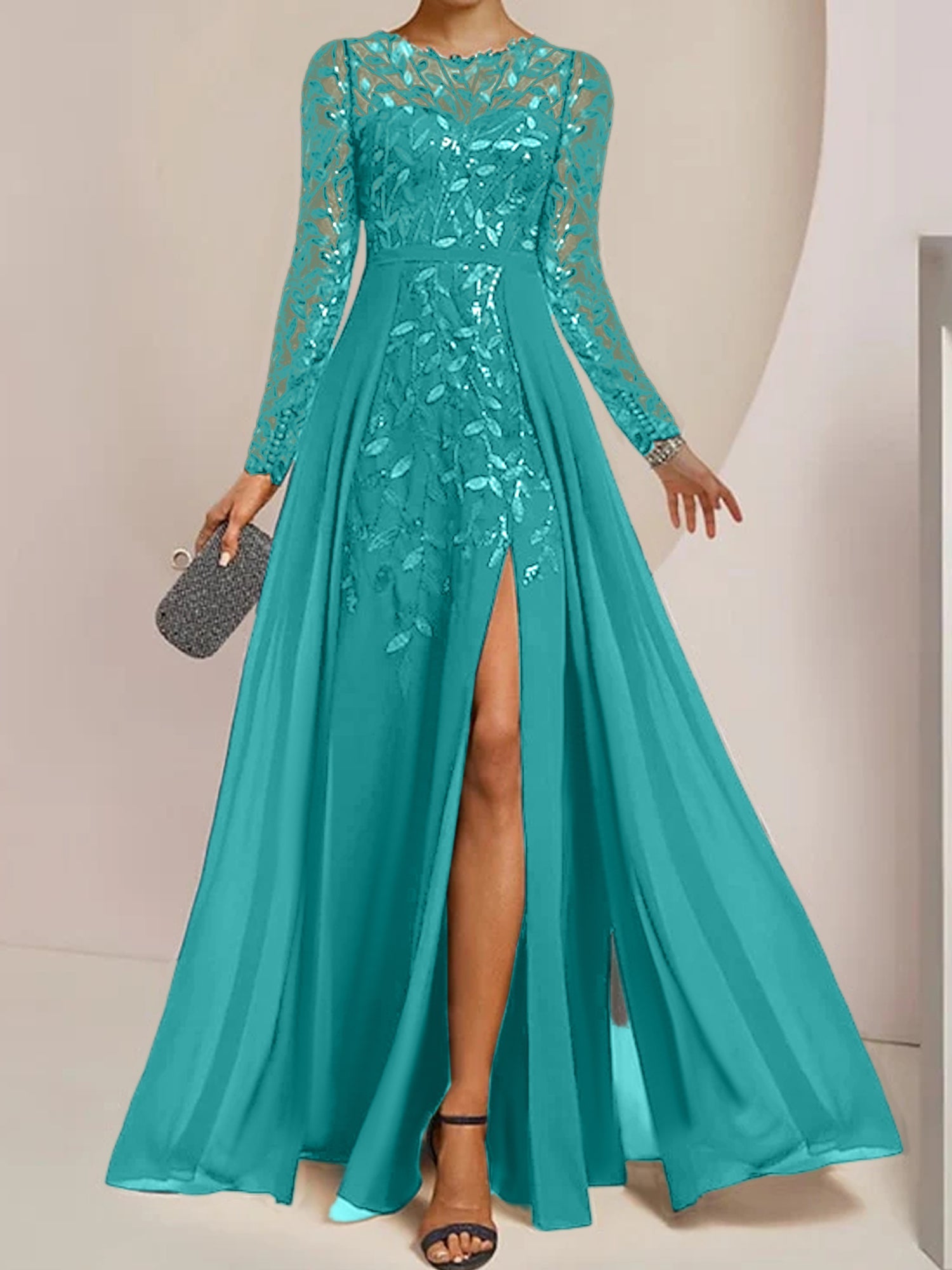 Princess Scoop Floor-Length Mother of the Bride Dresses with Split Side Ruffles Sequins