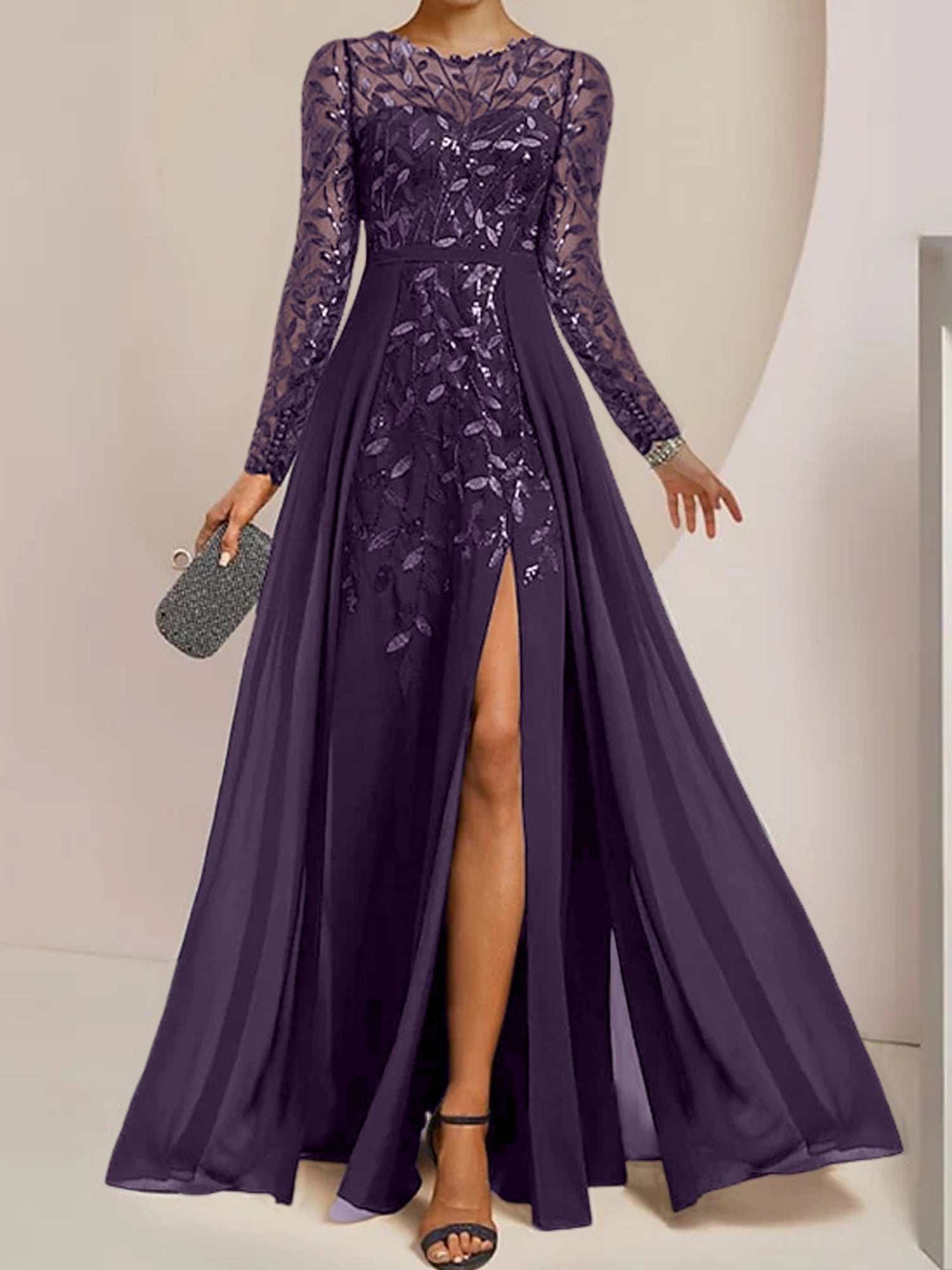 Princess Scoop Floor-Length Mother of the Bride Dresses with Split Side Ruffles Sequins
