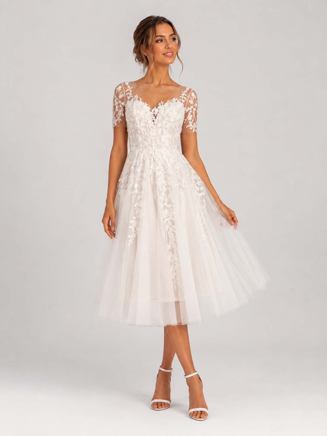 Elegant Short Sleeve Illusion Sweetheart Lace Tea-Length Wedding Dress with Button-Back Detail