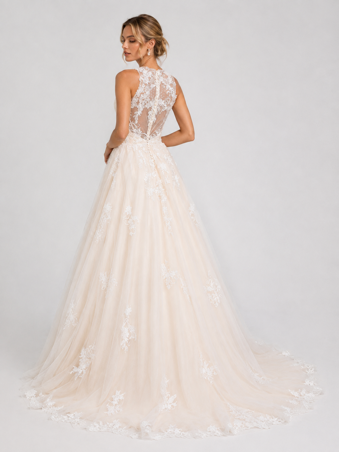 Elegant Illusion High-Neck Lace Applique Tulle A-Line Wedding Dress with Chapel Train