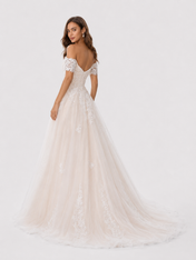 Elegant Off-the-Shoulder Lace Applique A-Line Wedding Dress with Chapel Train