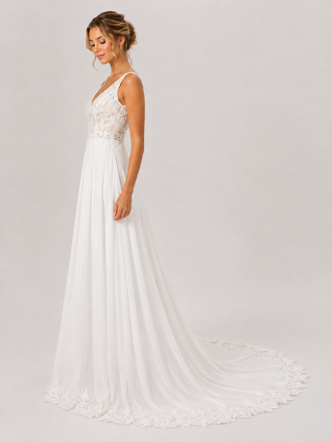 Elegant V-Neck Lace Bodice Chiffon A-Line Wedding Dress with Chapel Train
