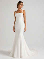 Elegant Spaghetti Strap Satin Sheath Wedding Dress with Lace Illusion Back and Chapel Train