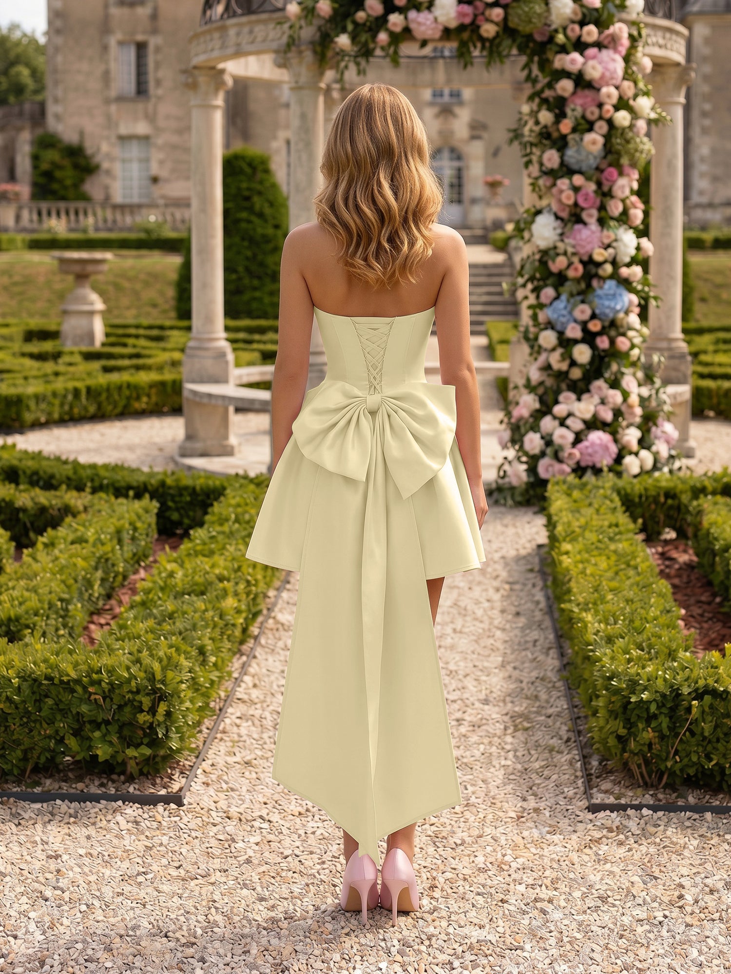 Architectural Blush Pink Strapless High-Low Satin Homecoming Mini Dress