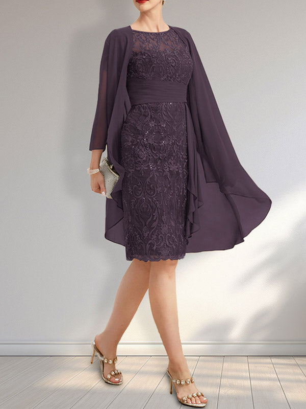Sheath Scoop Illusion Knee-Length Lace Chiffon Mother of the Bride Dress With Cascading Ruffles Sequins