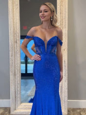 Off the Shoulder Prom Gowns for Women Mermaid Royal Blue Evening Dress