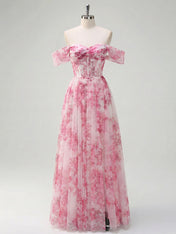Pink Floral Off-the-Shoulder Corset A-Line Long Prom Dress