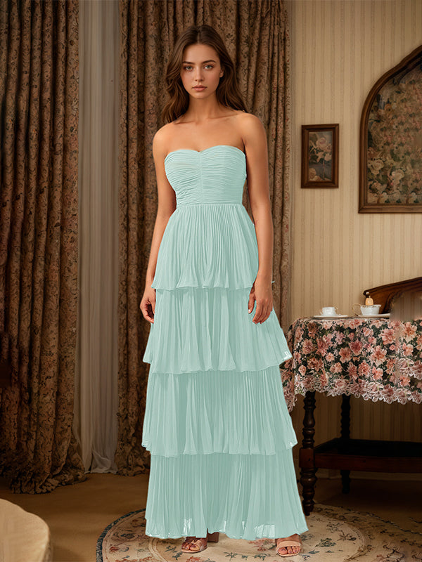 Burgundy A-Line Sweetheart Floor Length Tiered Chiffon Bridesmaid Dress