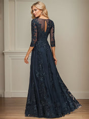 A-line Scoop Illusion Floor-Length Tulle Lace Mother of the Bride Dress With Sequins