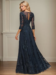 A-line Scoop Illusion Floor-Length Tulle Lace Mother of the Bride Dress With Sequins