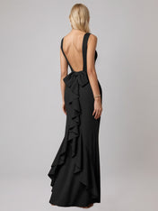 Black Sheath/Column Satin Scoop Neck Sleeveless Floor Length Dress With Bow