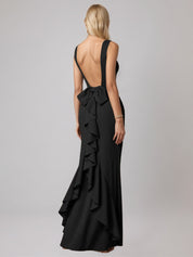 Black Sheath/Column Satin Scoop Neck Sleeveless Floor Length Dress With Bow