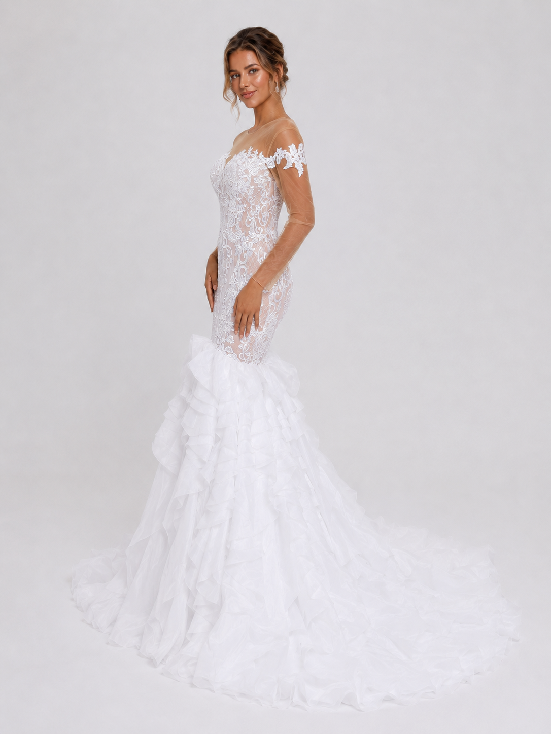 Elegant Illusion Long-Sleeve Lace Applique Mermaid Wedding Dress with Ruffled Tiered Sweep Train