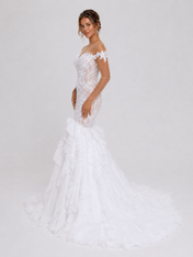 Elegant Illusion Long-Sleeve Lace Applique Mermaid Wedding Dress with Ruffled Tiered Sweep Train
