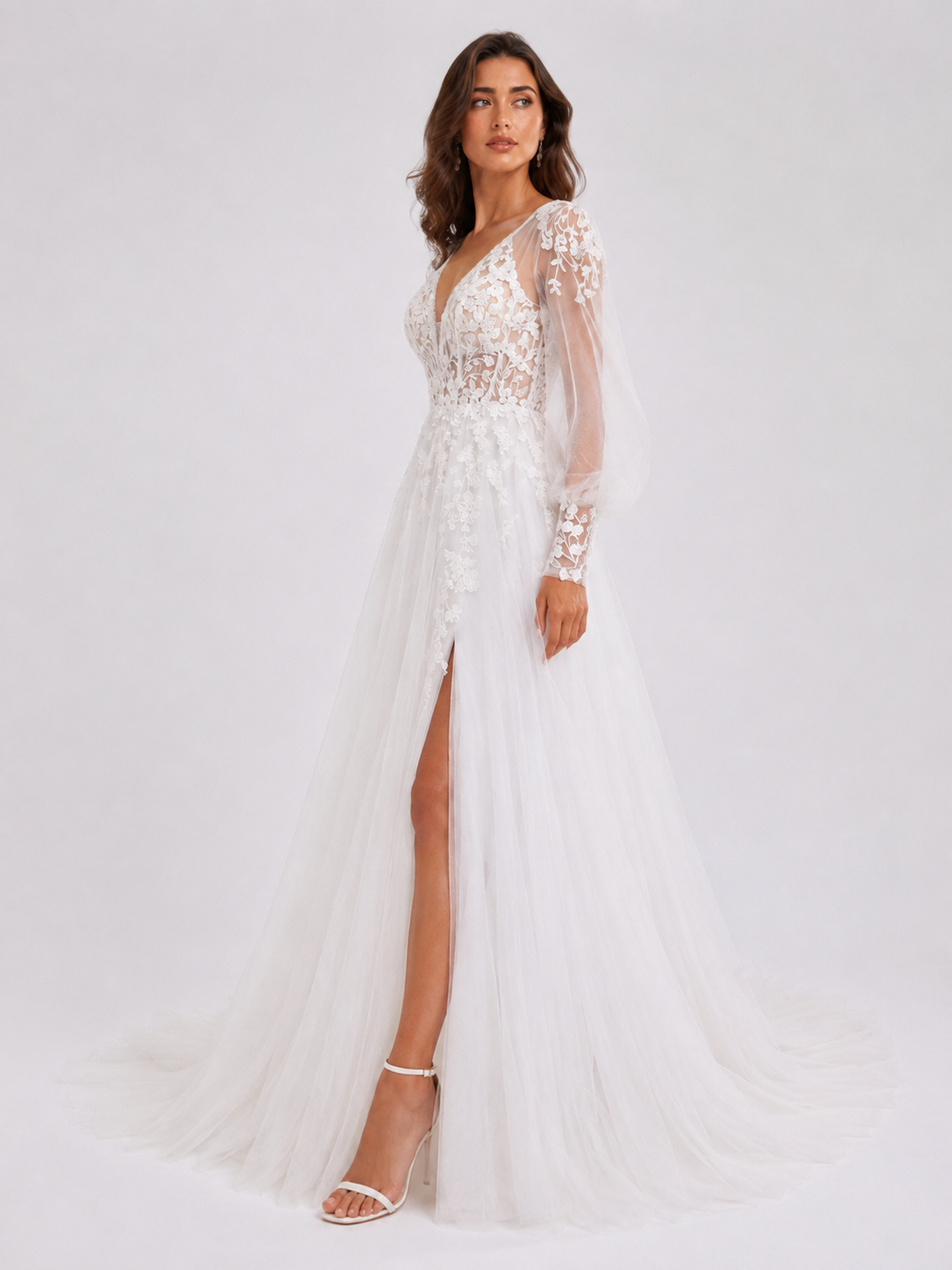 Elegant V-Neck Long Sleeve Lace Appliquéd Tulle A-Line Wedding Dress with High Slit and Chapel Train