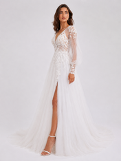 Elegant V-Neck Long Sleeve Lace Appliquéd Tulle A-Line Wedding Dress with High Slit and Chapel Train