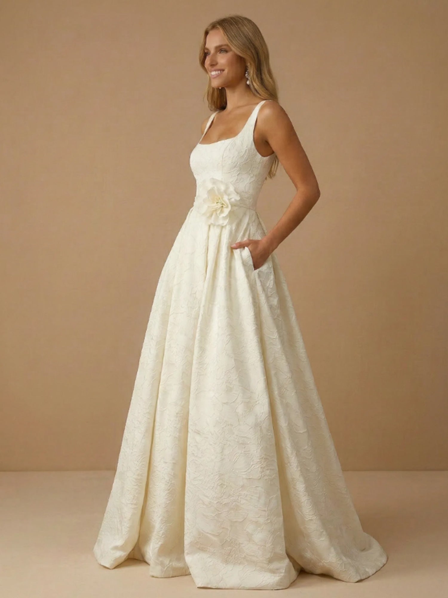Square Neck Floral 3D Flower Ball Gown with Pockets