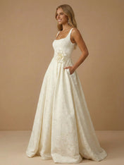 Square Neck Floral 3D Flower Ball Gown with Pockets
