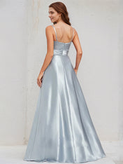 Ice Blue Satin A Line Spaghetti Straps Sleeveless Floor Length Bridesmaid Dress With Bow
