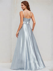 Ice Blue Satin A Line Spaghetti Straps Sleeveless Floor Length Bridesmaid Dress With Bow