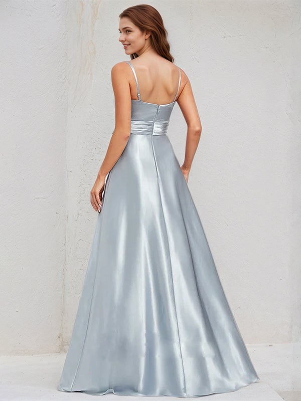 Ice Blue Satin A Line Spaghetti Straps Sleeveless Floor Length Bridesmaid Dress With Bow