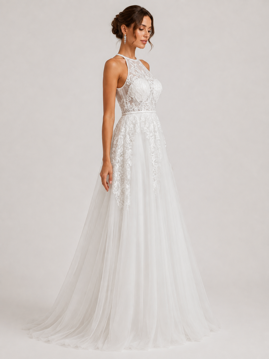 Elegant Halter Lace Appliquéd Tulle A-Line Wedding Dress with Chapel Train
