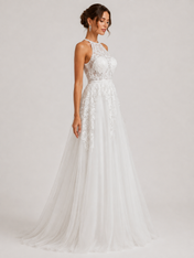 Elegant Halter Lace Appliquéd Tulle A-Line Wedding Dress with Chapel Train