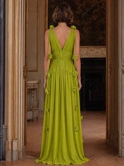 Chartreuse V-Neck Pleated Evening Dress with Cascading Floral Straps
