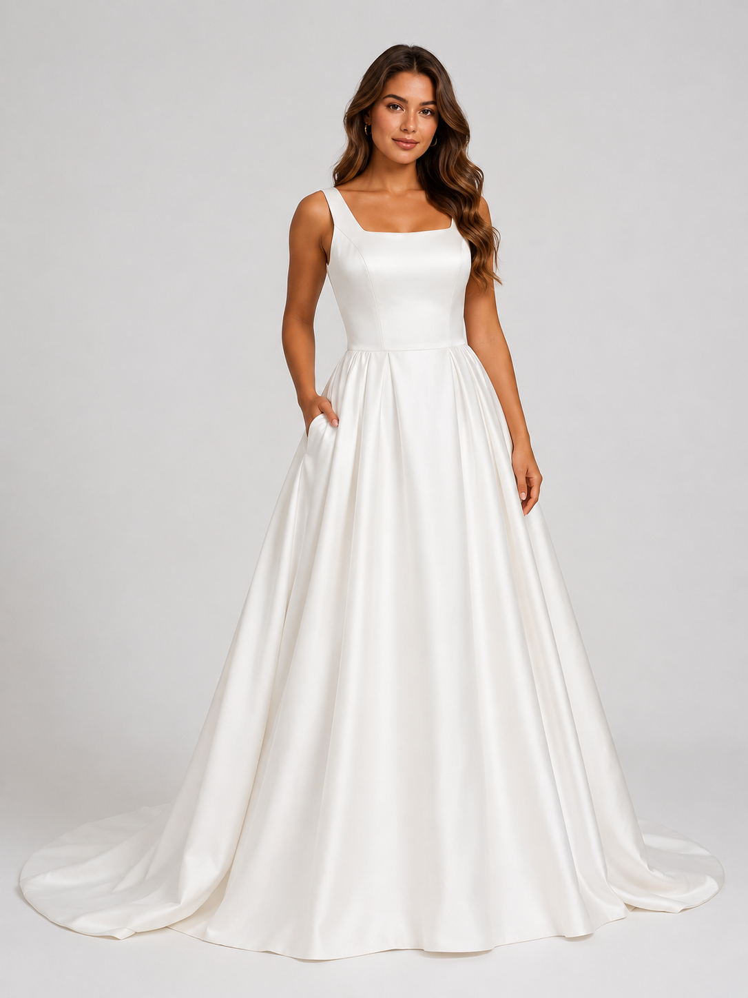 Elegant Square Neckline Satin A-Line Wedding Dress with Chapel Train