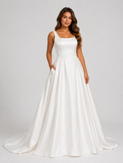 Elegant Square Neckline Satin A-Line Wedding Dress with Chapel Train