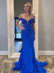 Off the Shoulder Prom Gowns for Women Mermaid Royal Blue Evening Dress
