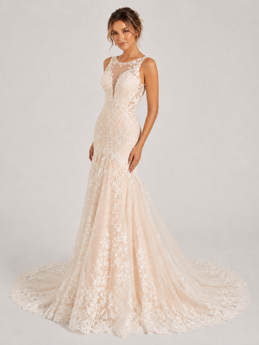 Elegant Illusion High-Neck Lace Mermaid Wedding Dress with Sweep Train