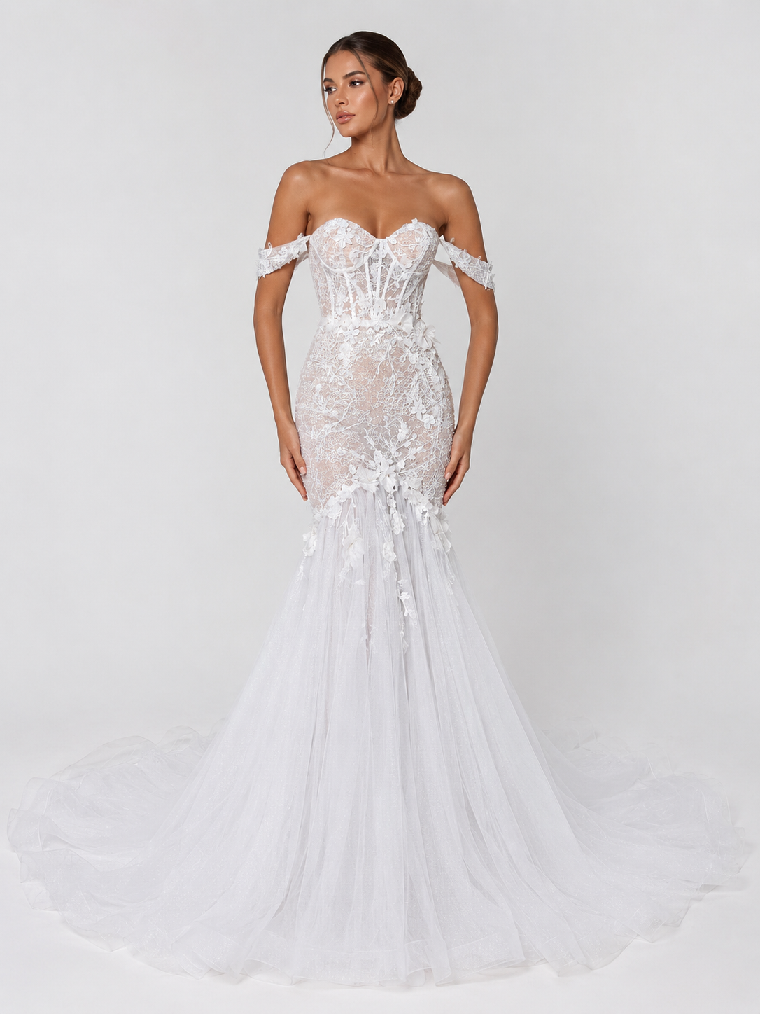 Elegant Off-the-Shoulder Lace Applique Mermaid Wedding Dress with Chapel Train